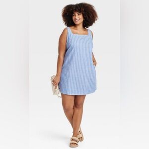 A New Day Women's Tank Mini Shift Dress Blue/White Striped Cotton Linen Blend 2X